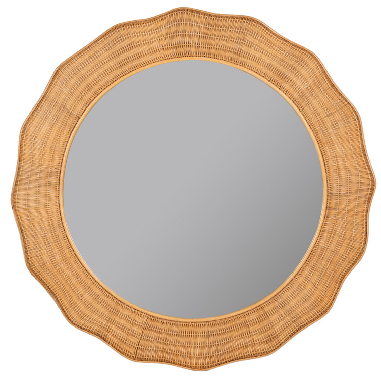 Natural Round Rattan Wall Mirror with Undulating Silhouette