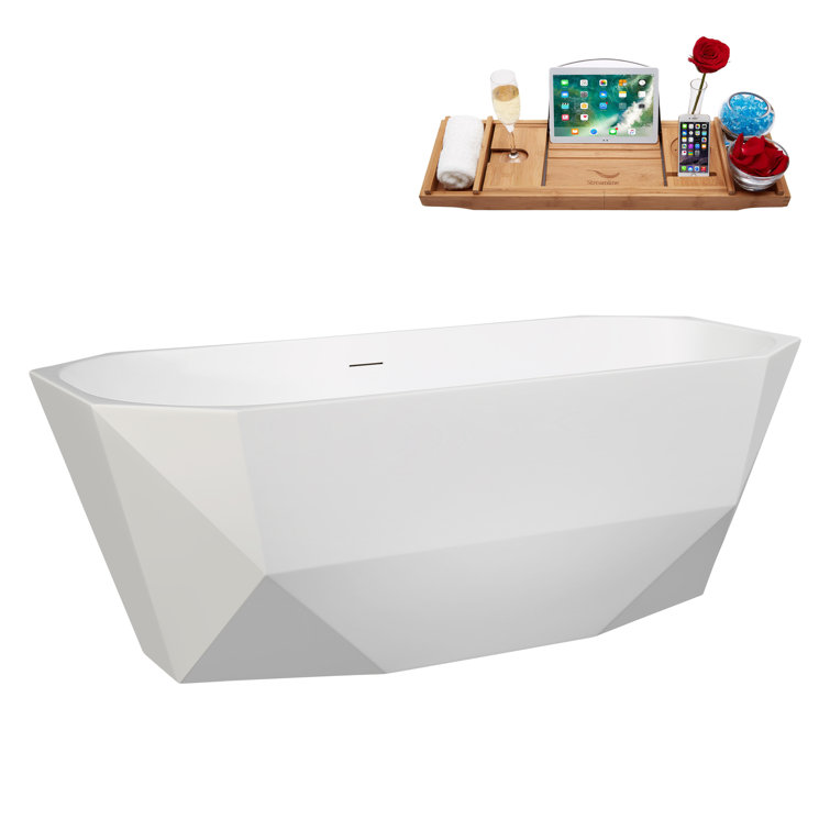 63" Glossy White Acrylic Freestanding Double Slipper Bathtub with Bamboo Tray