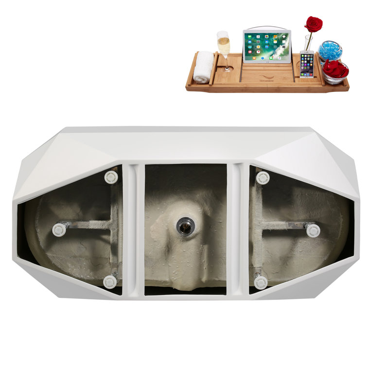 63" Glossy White Acrylic Freestanding Double Slipper Bathtub with Bamboo Tray