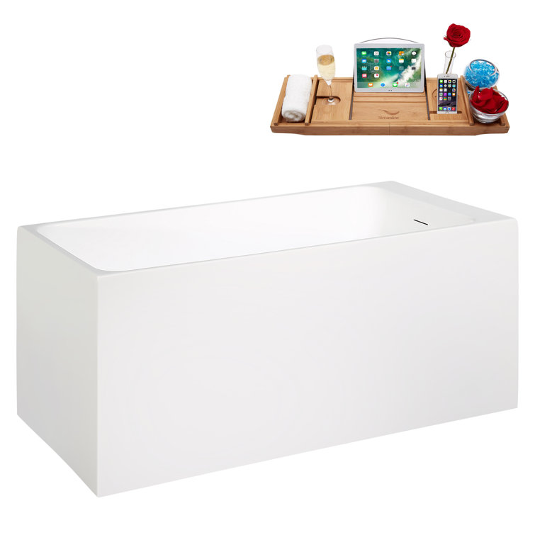 51" Glossy White Acrylic Freestanding Soaking Bathtub with Bamboo Tray