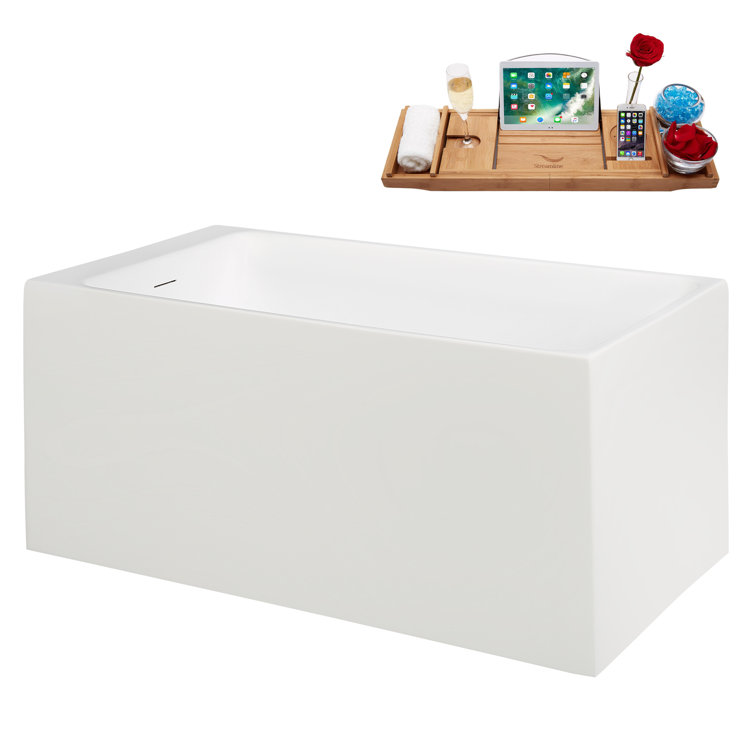 51" Glossy White Acrylic Freestanding Soaking Bathtub with Bamboo Tray