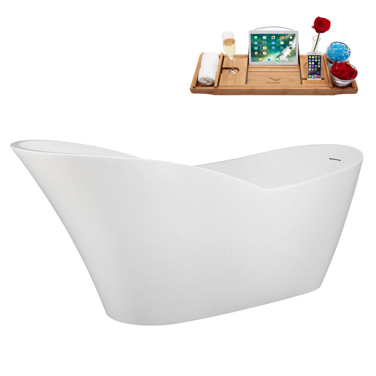 67" Glossy White Acrylic Freestanding Soaking Bathtub with Matte Black Trim