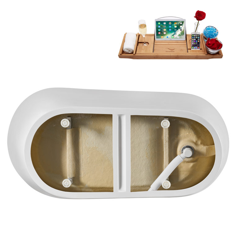 59" Glossy White Acrylic Freestanding Soaking Bathtub with Bamboo Tray