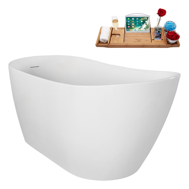 59" Glossy White Acrylic Freestanding Soaking Bathtub with Bamboo Tray