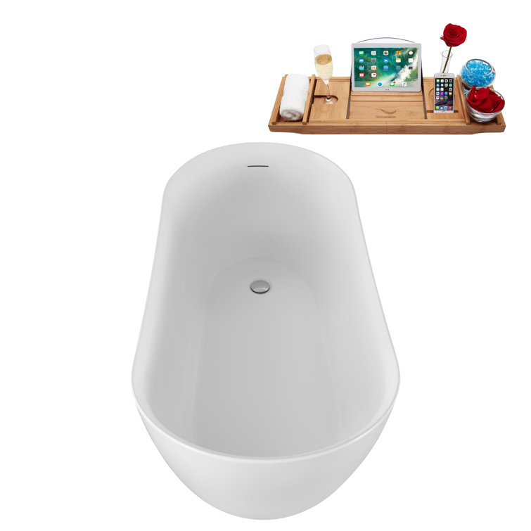 59" Glossy White Acrylic Freestanding Soaking Bathtub with Bamboo Tray