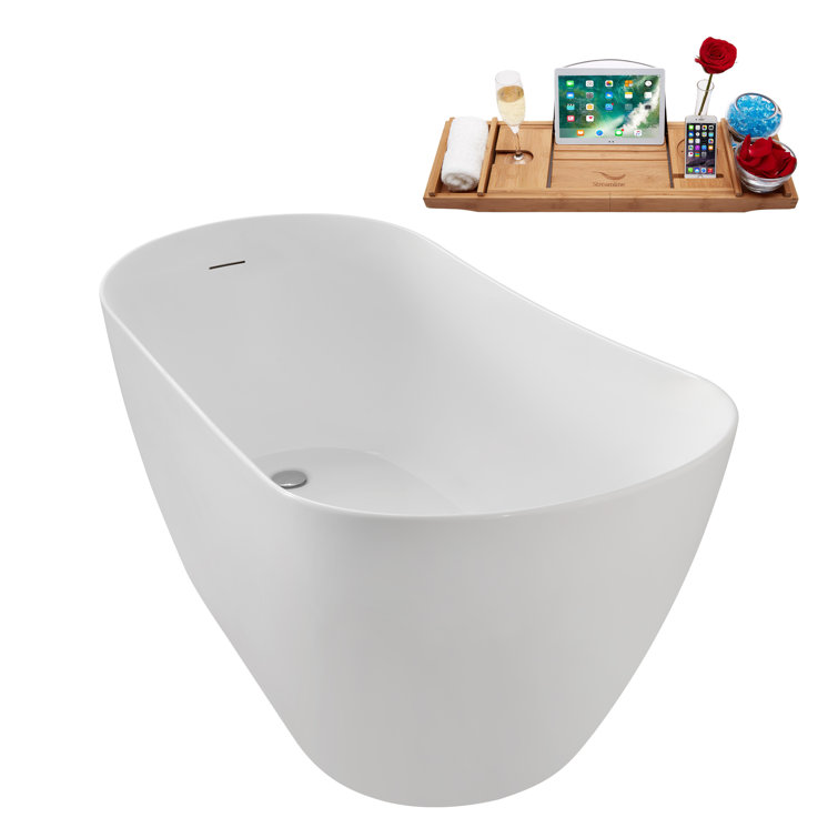 59" Glossy White Acrylic Freestanding Soaking Bathtub with Bamboo Tray