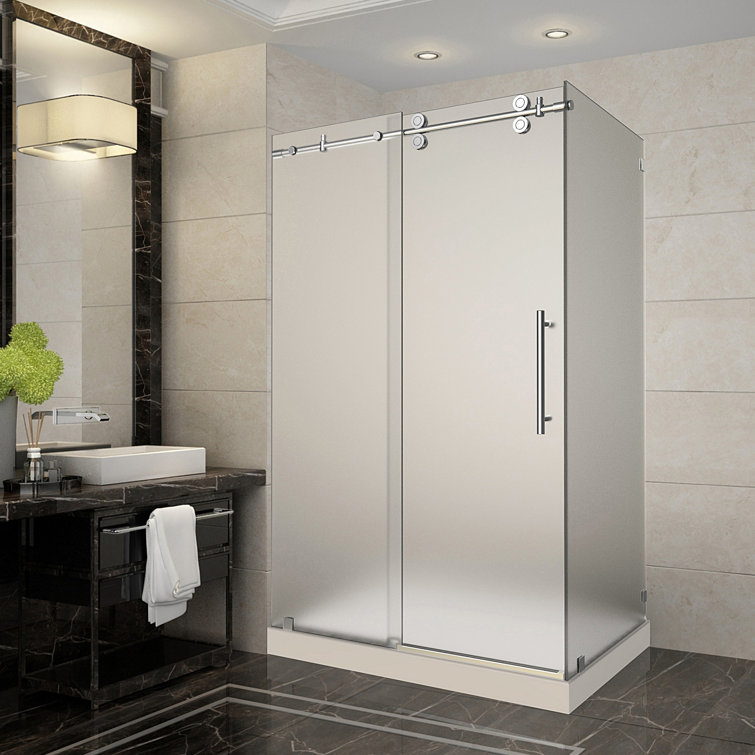Langham 48" Chrome Frameless Sliding Shower Enclosure with Frosted Glass