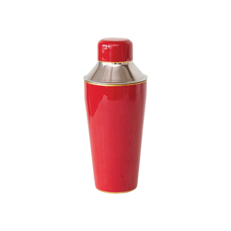 Red Enameled Stainless Steel Cocktail Shaker with Gold Rim