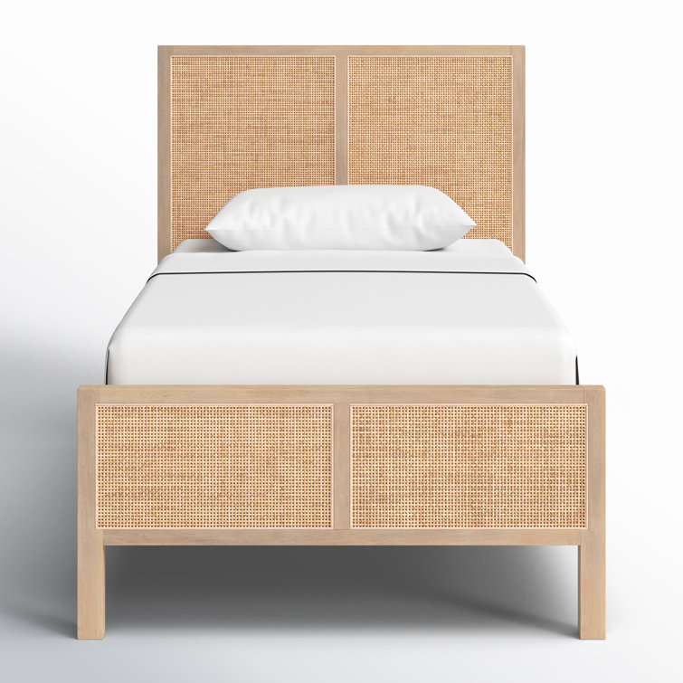 Contemporary Twin Panel Bed with Natural Mango Wood and Cane Accents