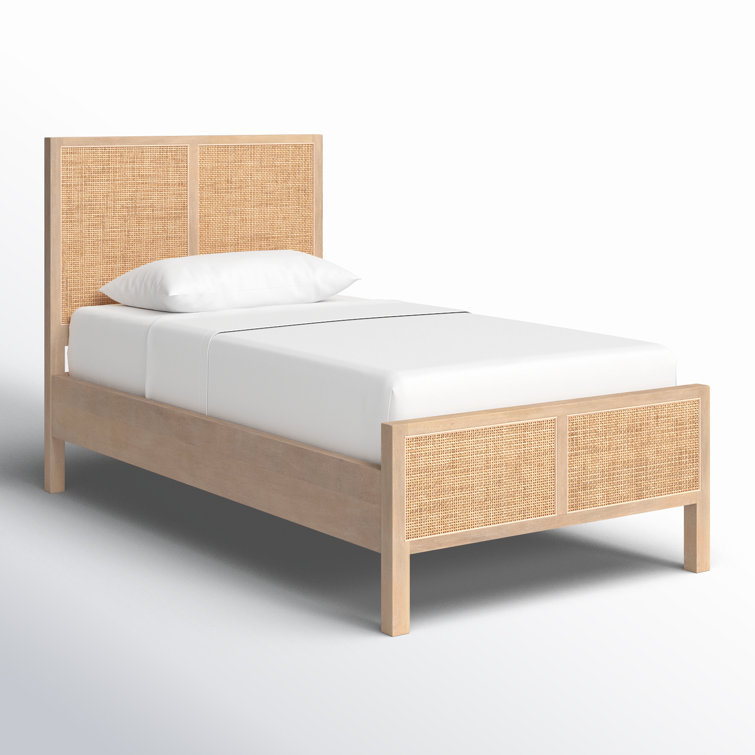 Contemporary Twin Panel Bed with Natural Mango Wood and Cane Accents