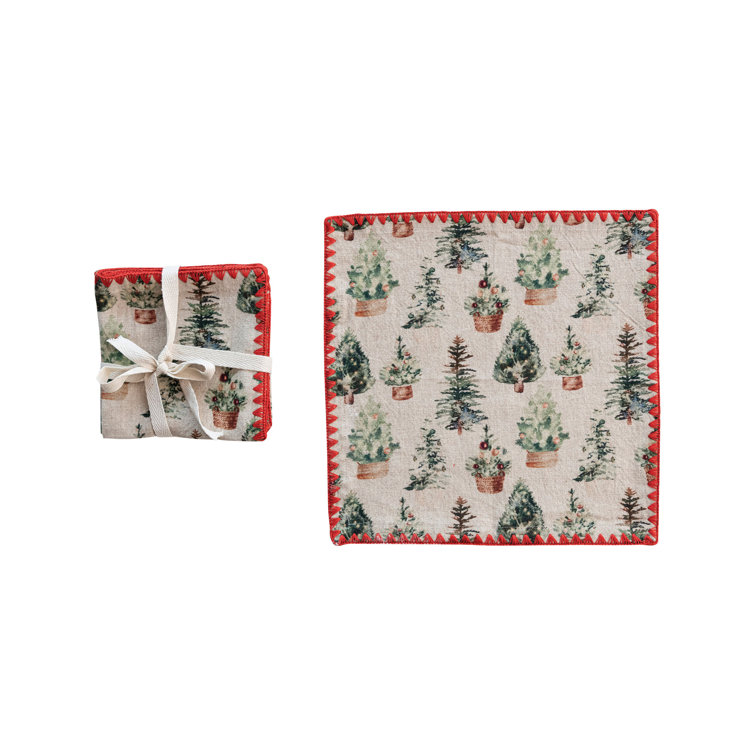 Festive Cotton Cocktail Napkins with Tree Pattern and Red Edge, Set of 4