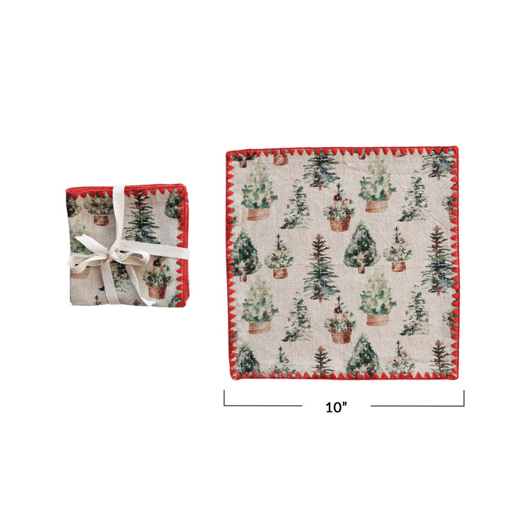 Festive Cotton Cocktail Napkins with Tree Pattern and Red Edge, Set of 4