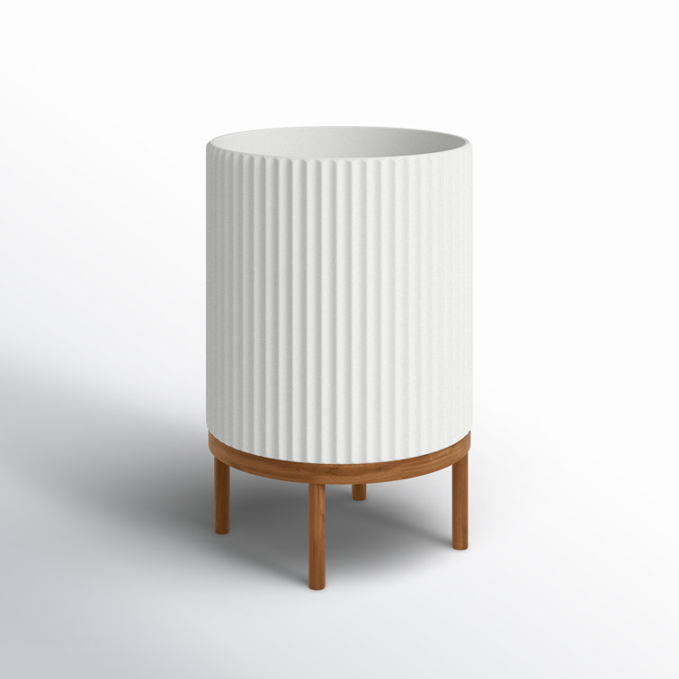White Fluted Concrete-Composite Planter with Acacia Wood Stand