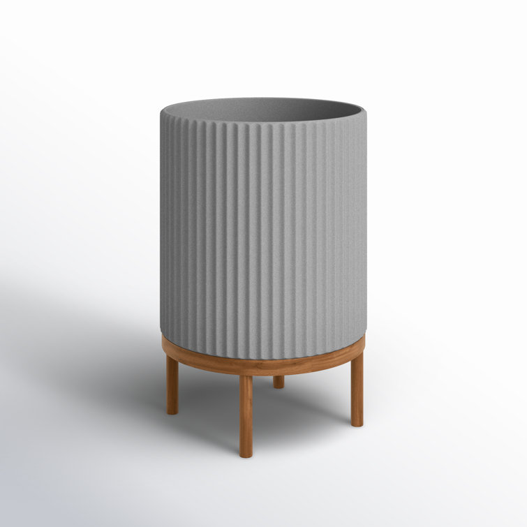 Gray Fluted Concrete-Composite Planter with Acacia Wood Stand