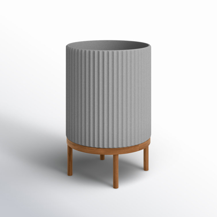 Gray Fluted Concrete-Composite Planter with Acacia Wood Stand