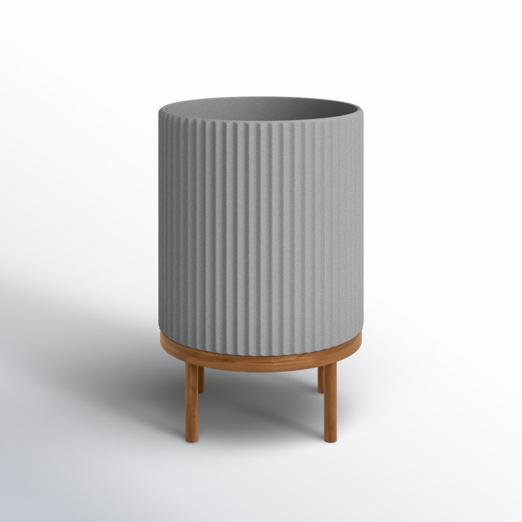 Gray Fluted Concrete-Composite Planter with Acacia Wood Stand