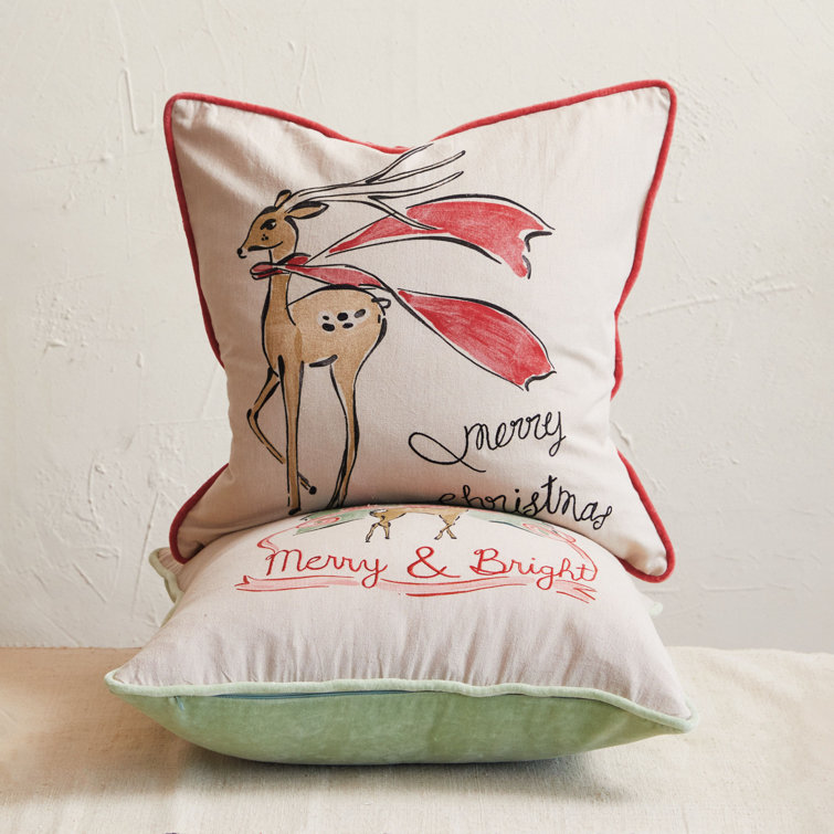 20" Multicolor Cotton Chambray Holiday Reindeer Throw Pillow Set