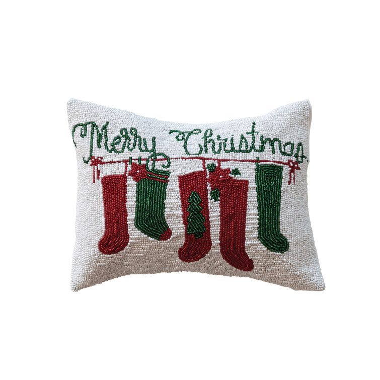 Christmas Cotton Beaded Lumbar Pillow with Velvet Back