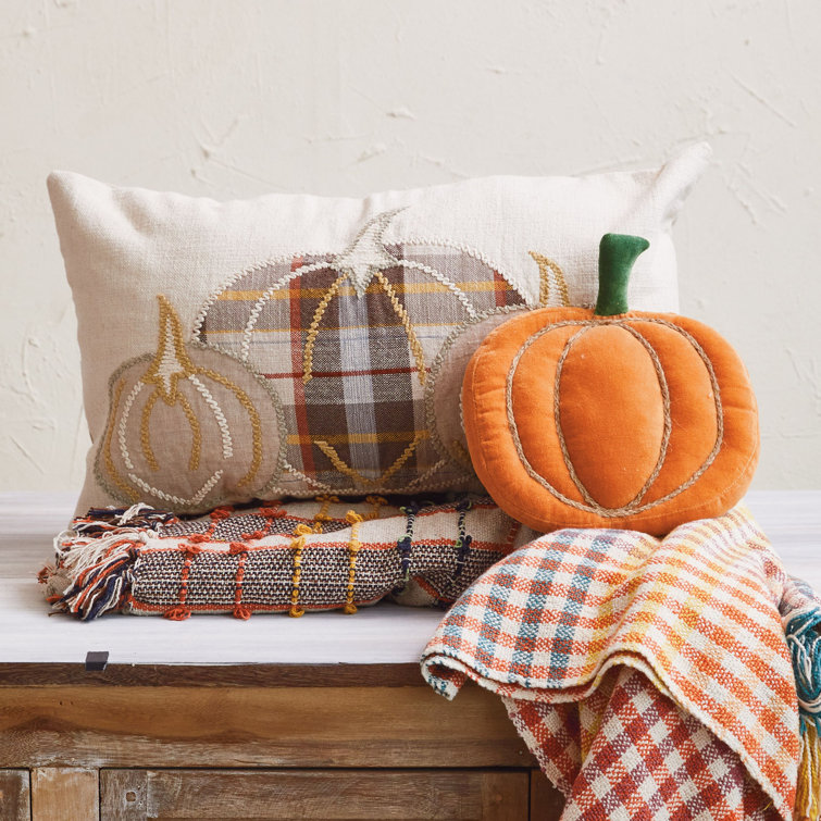 Orange Green Cotton Velvet Pumpkin Pillow with Jute Embroidery