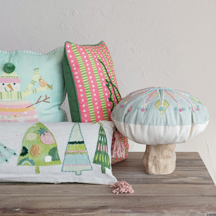 Multicolor Round Cotton Embroidered Snowflake Pillow with Beads