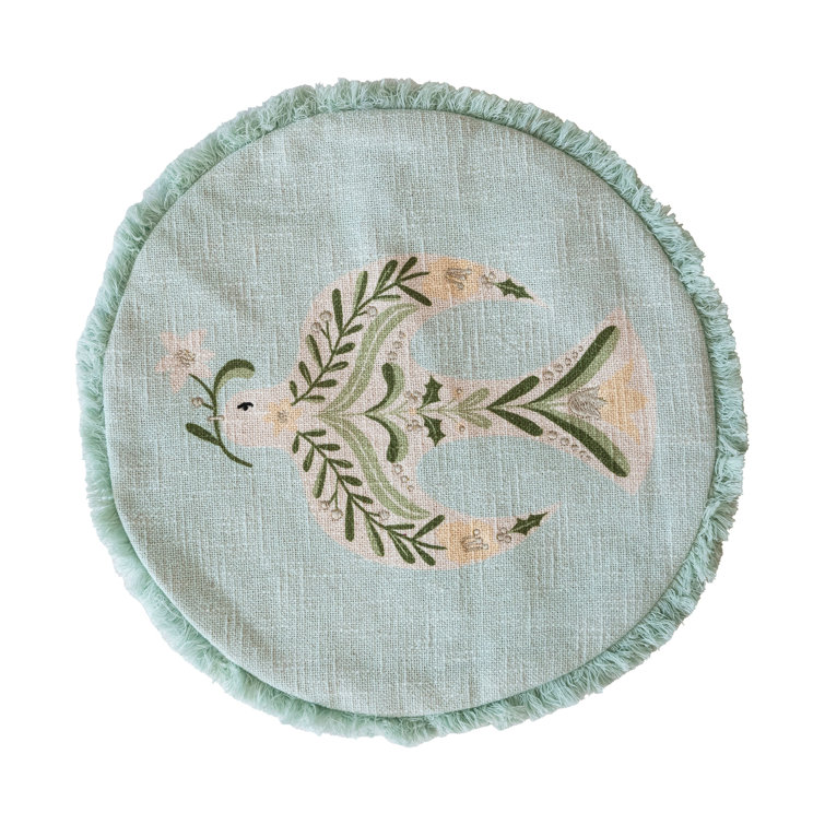 Round Multicolor Cotton Embroidered Dove Throw Pillow