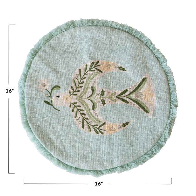 Round Multicolor Cotton Embroidered Dove Throw Pillow