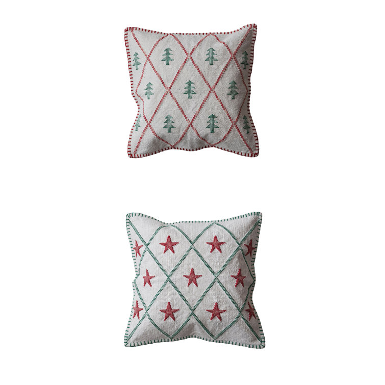 18" Square Cotton Throw Pillows with Embroidered Tree and Star Pattern