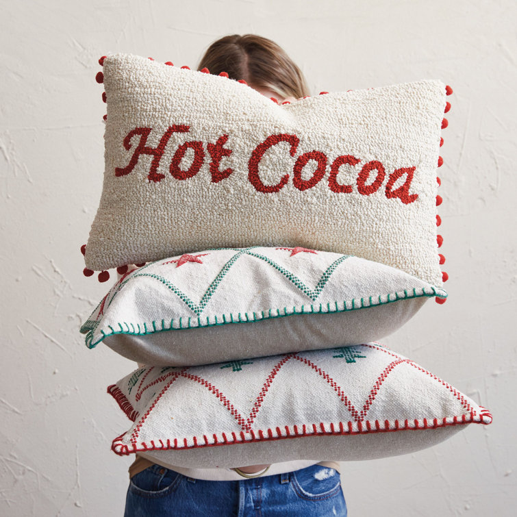 18" Square Cotton Throw Pillows with Embroidered Tree and Star Pattern