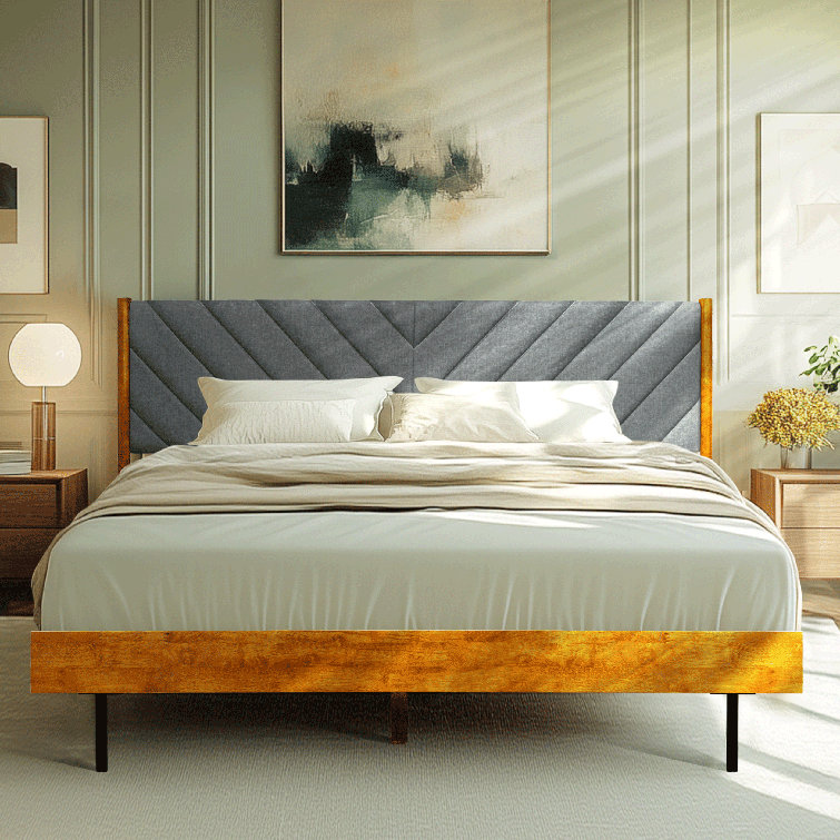 Caramel Solid Wood Queen Bed Frame with Gray Upholstered Headboard