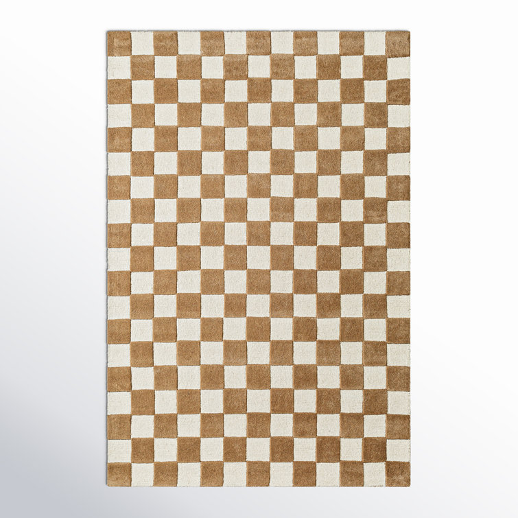 Tan and White Hand Tufted Wool Checkered Area Rug 8' x 10'
