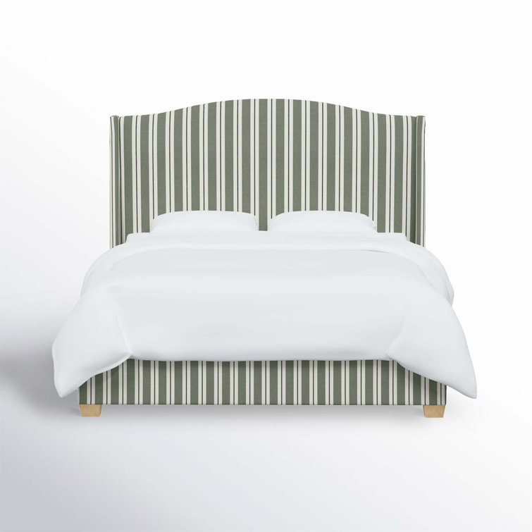 King Pine Upholstered Wingback Bed with Striped Headboard