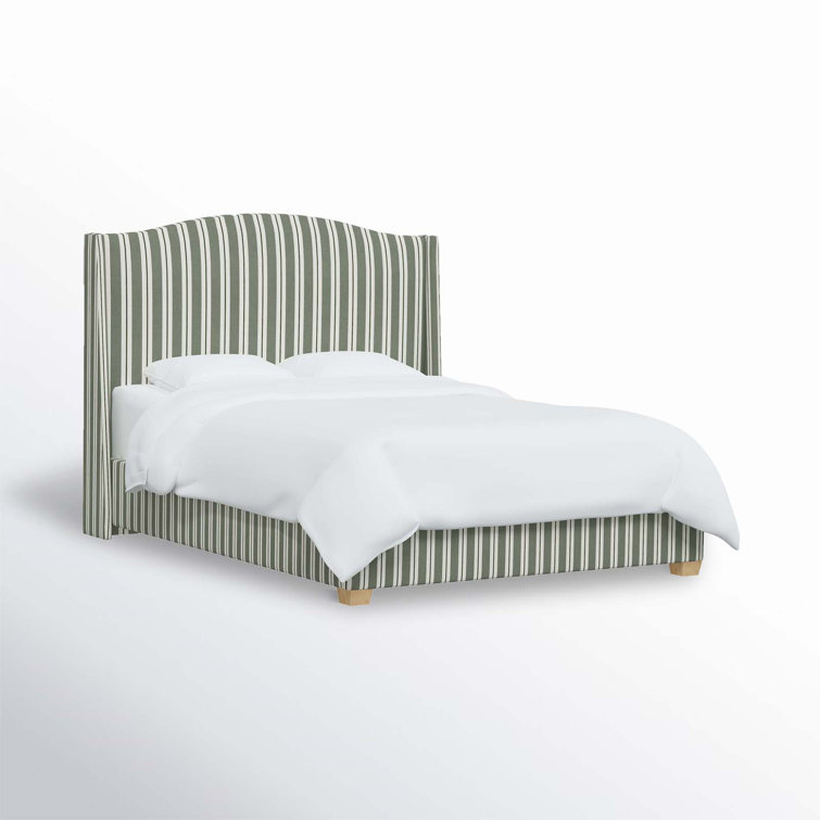 King Pine Upholstered Wingback Bed with Striped Headboard