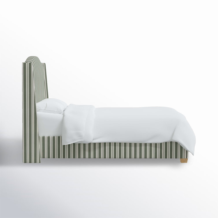 King Pine Upholstered Wingback Bed with Striped Headboard