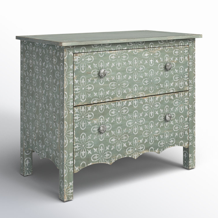 Antique Green Floral 2-Drawer Rustic Nightstand