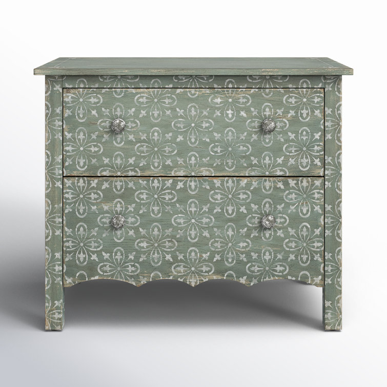 Antique Green Floral 2-Drawer Rustic Nightstand