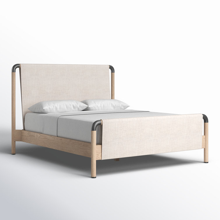 Cream Upholstered Queen Platform Bed with Oak Frame