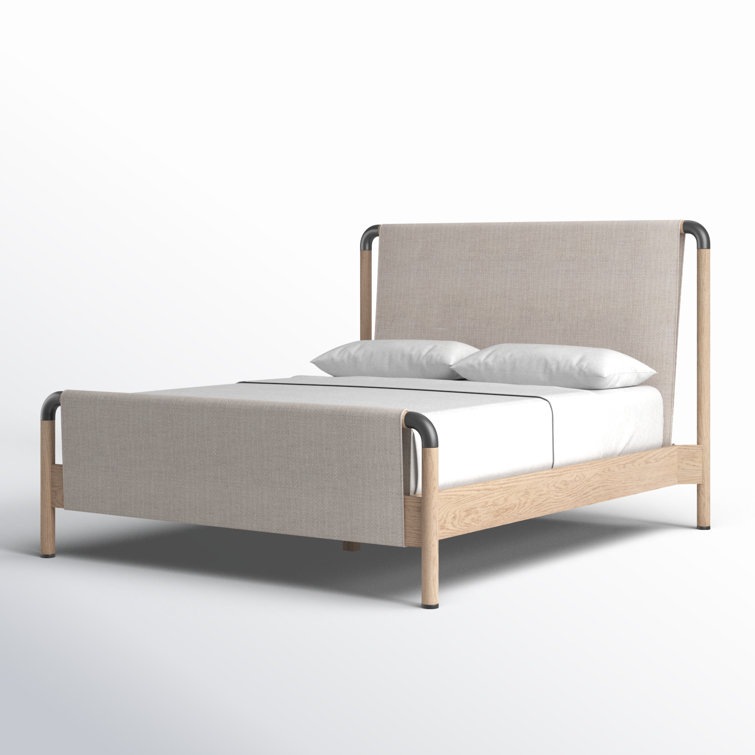 Cream Upholstered Queen Platform Bed with Oak Frame