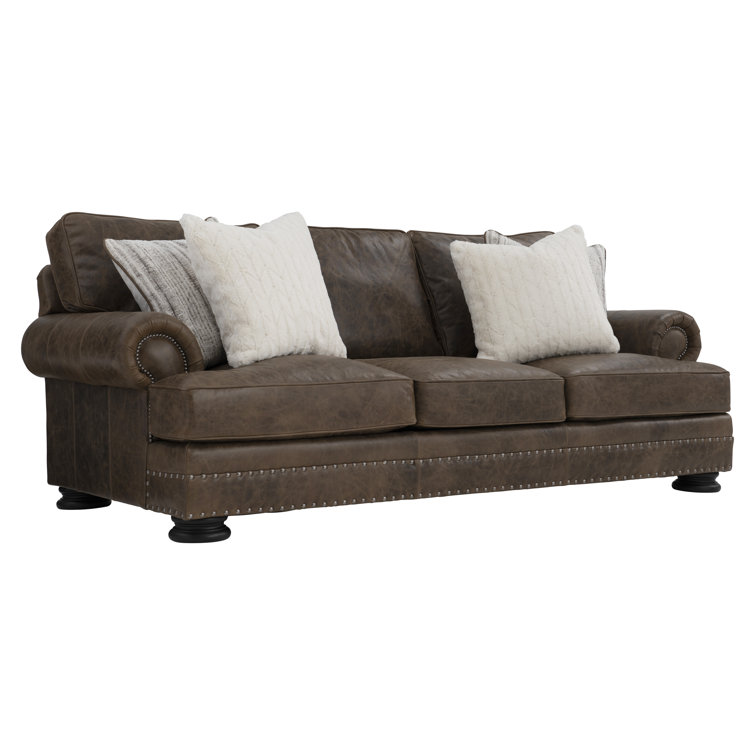 Molasses Brown Leather Sofa with Rolled Arms and Nailhead Trim