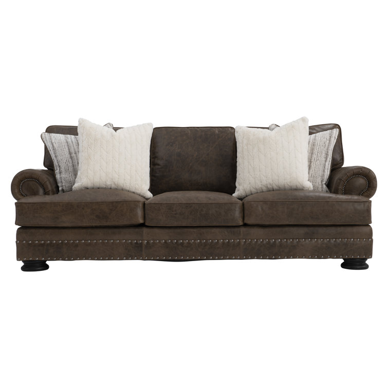 Molasses Brown Leather Sofa with Rolled Arms and Nailhead Trim
