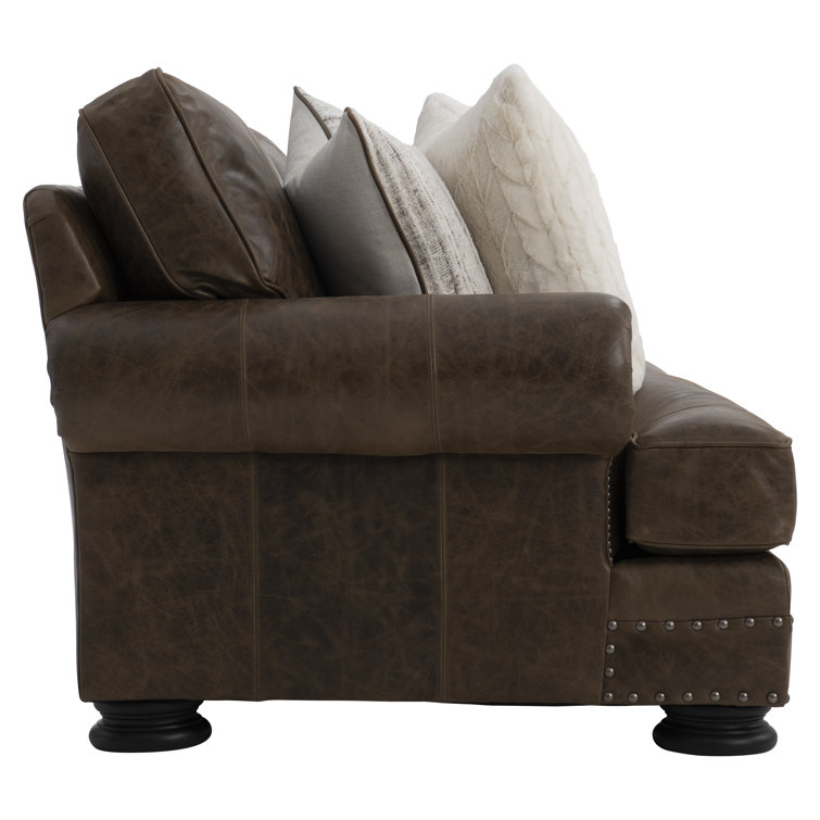 Molasses Brown Leather Sofa with Rolled Arms and Nailhead Trim