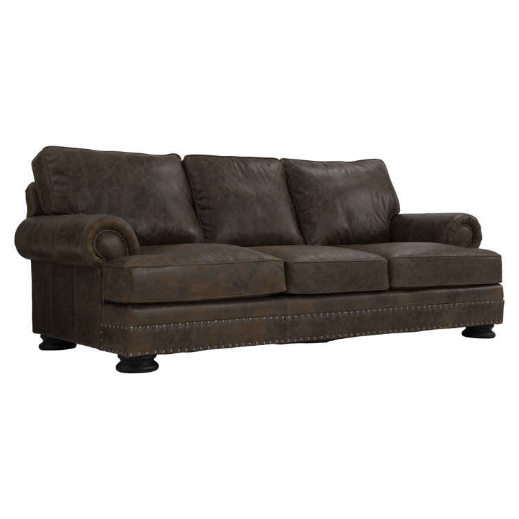 Molasses Brown Leather Sofa with Rolled Arms and Nailhead Trim