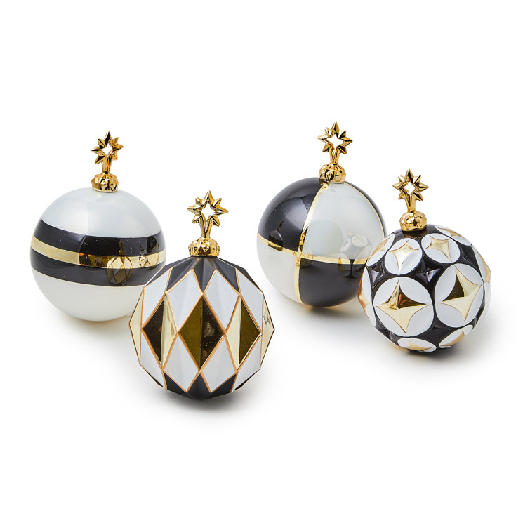 Black and White Glass Ornaments with Gold Detailing, Set of 4