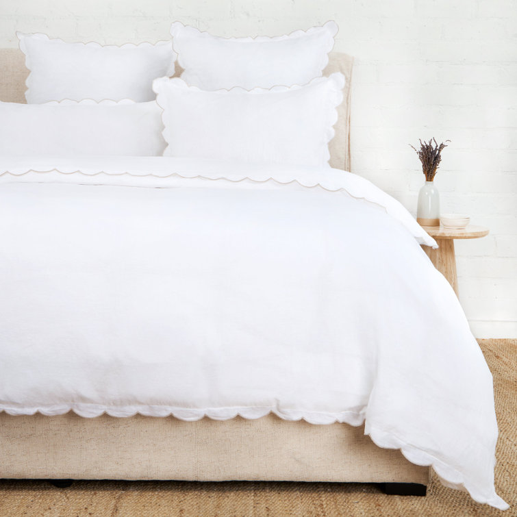 Queen White Linen Duvet Cover with Scalloped Edges