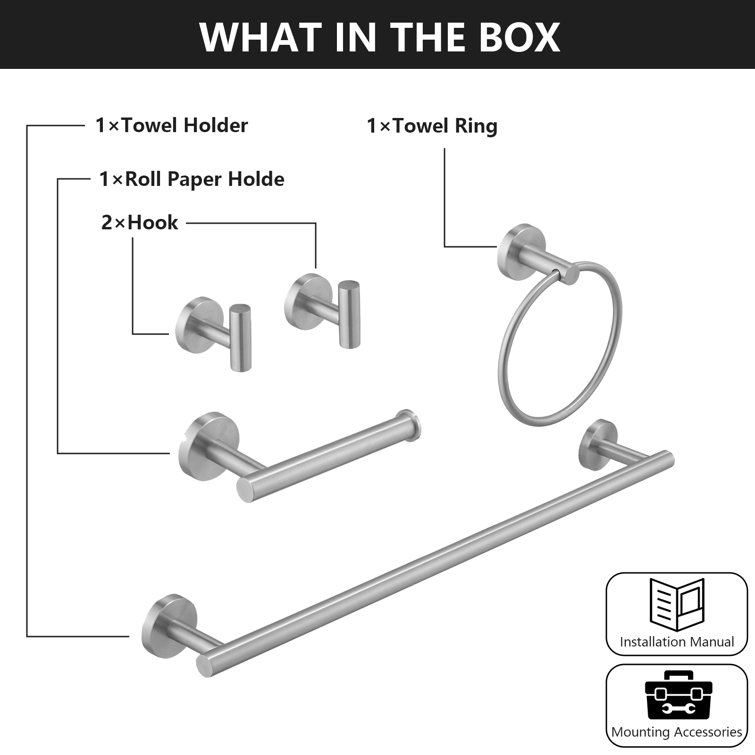 Brushed Nickel 5-Piece Bathroom Hardware Set with Towel Bar