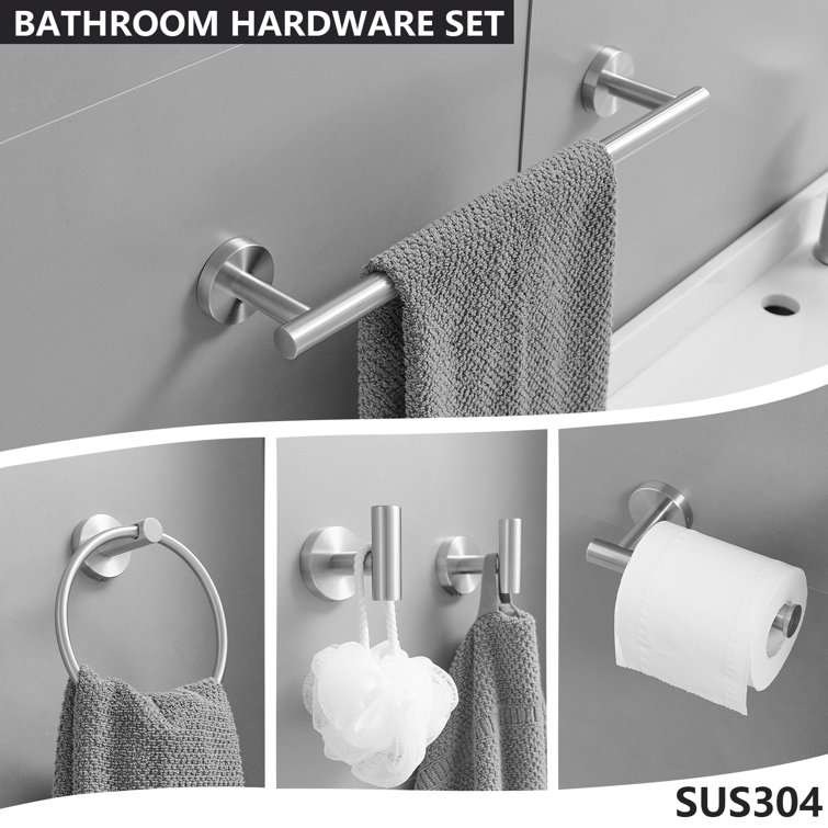 Brushed Nickel 5-Piece Bathroom Hardware Set with Towel Bar