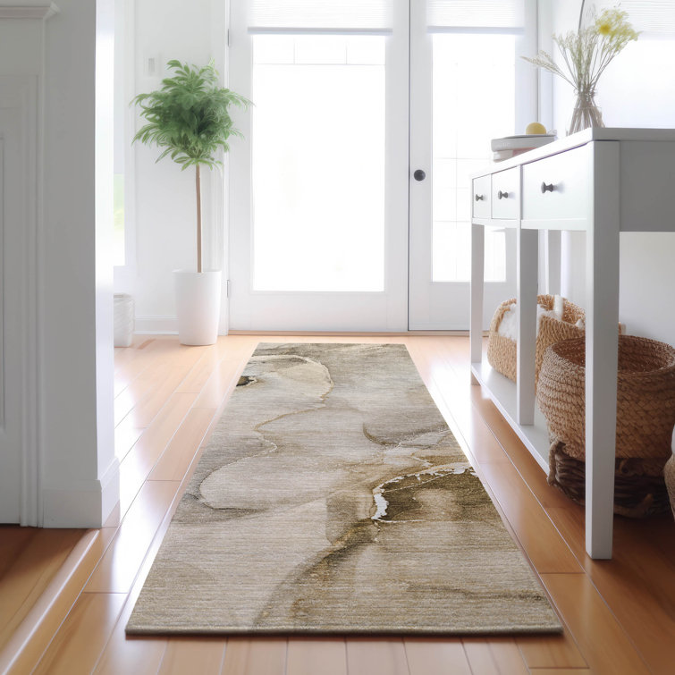 Beige Washable Synthetic Abstract Runner Rug 2'3" x 7'6"