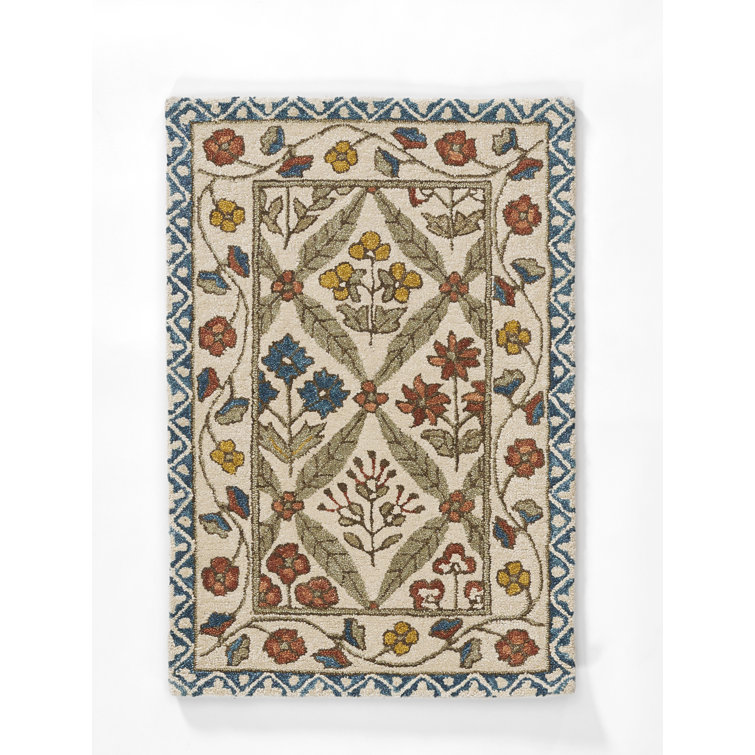 Handmade Blue and Beige Wool Floral 2'x3' Area Rug