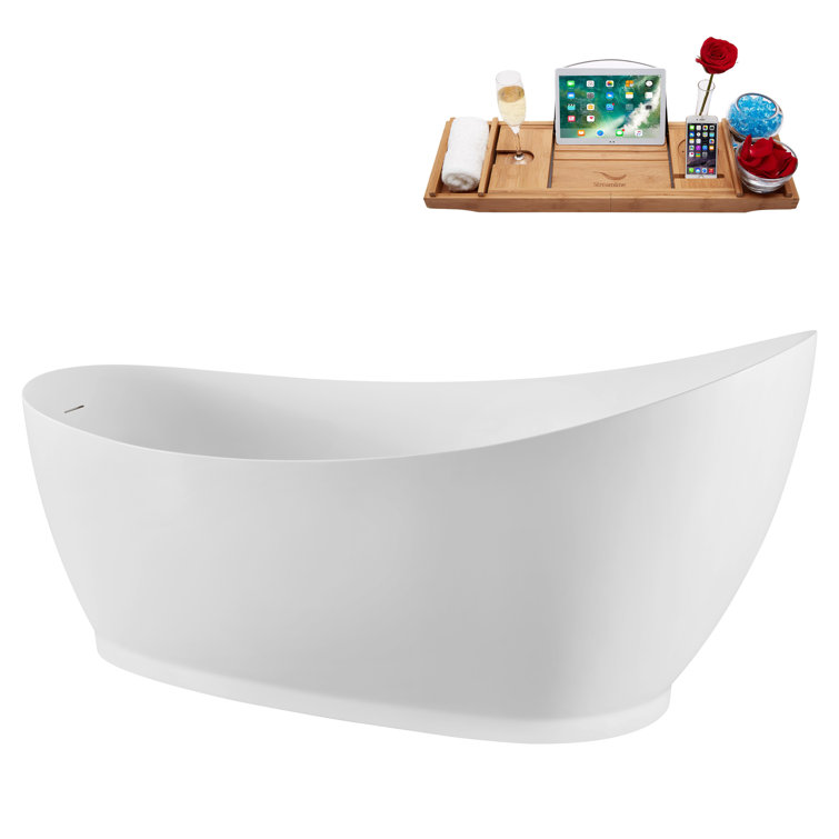 68" Glossy White Acrylic Freestanding Bathtub with Polished Gold Trim