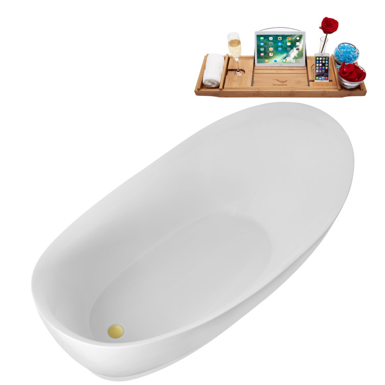 68" Glossy White Acrylic Freestanding Bathtub with Polished Gold Trim