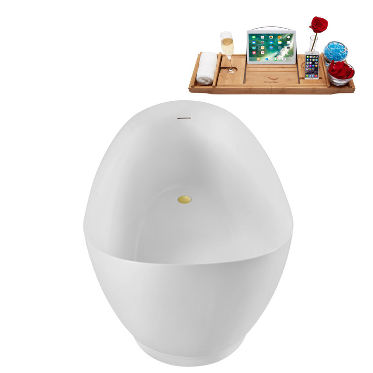 68" Glossy White Acrylic Freestanding Bathtub with Polished Gold Trim